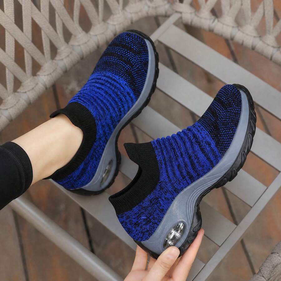 Women's Ribbed Knit Slip-On Athletic Shoes With Air Cushion, Thick Sole Wedge Walking Shoes