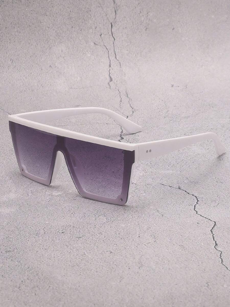 1PC Square Oversized Frame Rivet One-Piece Coated Reflective Mirror Lens Unisex Fashion Glasses Suitable For Street Beach Party Travel Gift Women's Glasses - 白框漸層灰片 - 查看 1