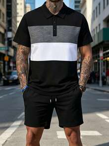 Plus Size 2 Pieces Set: Men's Colorblock Short Sleeve Polo Shirt - Multicolor - View 1