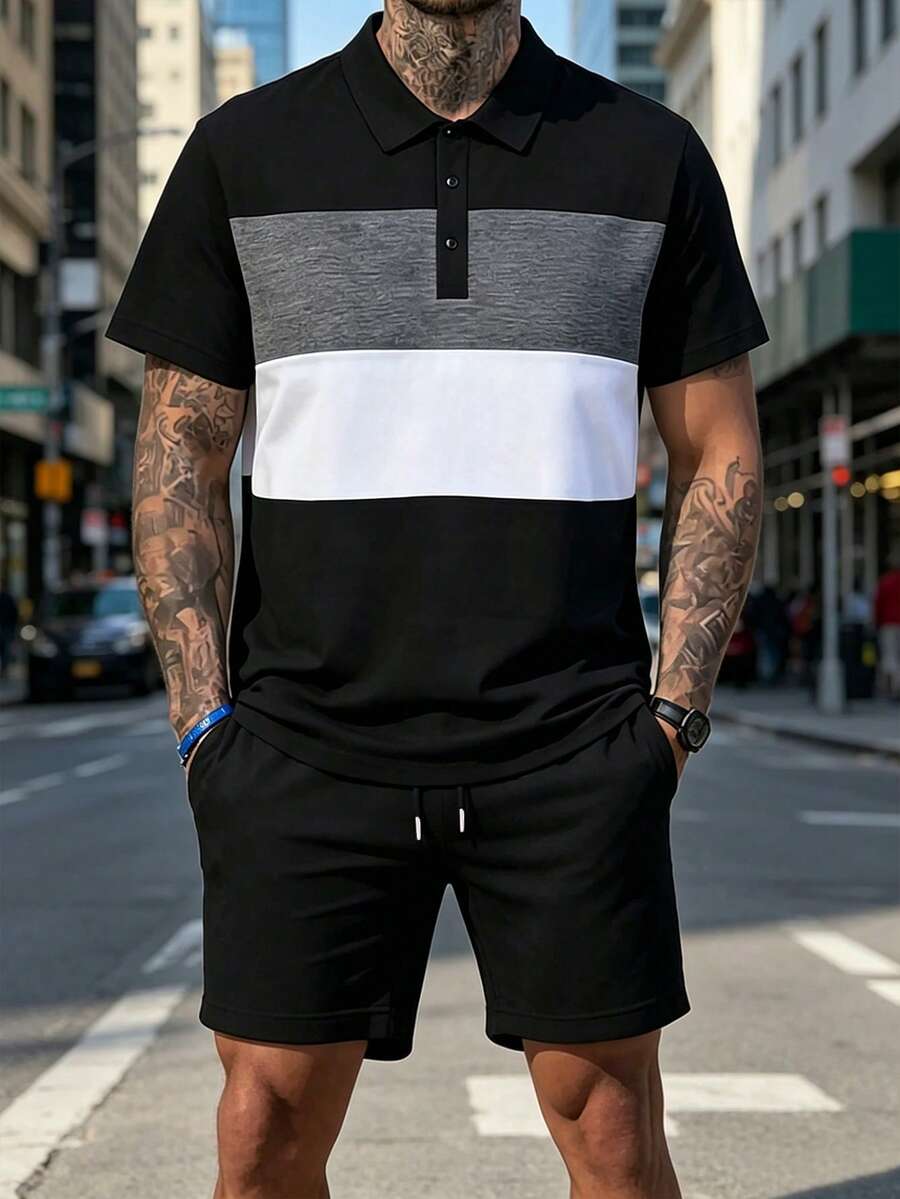 Plus Size 2 Pieces Set: Men's Colorblock Short Sleeve Polo Shirt - Multicolor - View 1