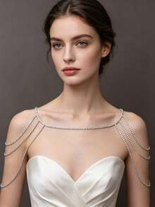 1pc Sparkling Rhinestone Shoulder Chain, Fashion Jewelry Accessory For Women, Suitable For Bridal Wedding Party Dress - Silver - View 2