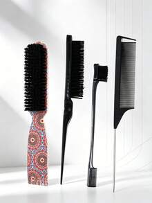 4件套美发造型工具套装，包括豹纹和橘色印花后梳、尖尾梳和发际线定型梳，适用于编发、马尾辫和盘发。 - 彩色 - 查看 2