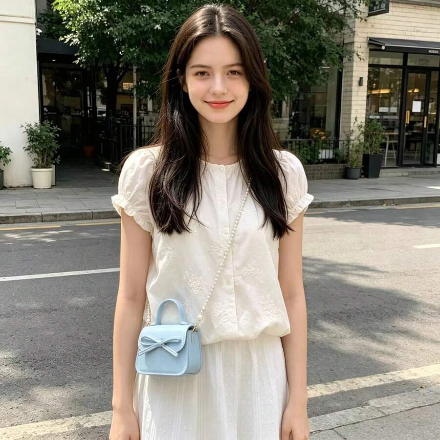 1pc Girls' Bowknot Solid Color PU Magnetic Closure Cute Handbag, Pearl Chain Strap Mini Shoulder Crossbody Bag, Suitable For All Seasons Daily Use