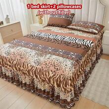 Juego de 3 piezas de falda de cama y fundas de almohada con estampado floral, suave y transpirable (1 falda de cama + 2 fundas de almohada), que absorbe la humedad, resistente a las arrugas, apto para todas las estaciones, con un elegante estampado, adecuado para dormitorios y hoteles, sencillo y económico - Cebra-leopardo - Ver 9