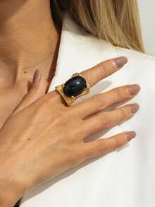 1pc Bohemian Style Inlaid Geometric Oval Faux Gemstone Metal Striped Open Ring, Elegant Fashion Party/Casual/Travel/Date, Women's Holiday Versatile Jewelry Gift - Ring - View 3