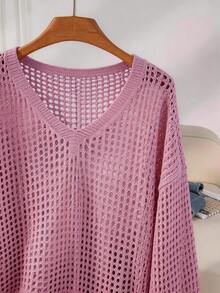 Plus Size Women's Summer Beach Cover-Up - Pink V-Neck Openwork Knit Loose Fit Tunic - Pink - View 4
