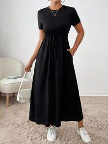Vestido midi con cordón en la cintura, bolsillo lateral, ropa de regreso a la escuela, ropa de mujer para otoño, atuendos de maestra, vestido de despedida de soltera, vestidos casuales de mujer, vestidos midi de mujer, vestidos de trabajo de mujer, vestidos de otoño para mujer, vestidos maxi de mujer, disfraz de Halloween, vestido casual de negocios, vestidos de verano para mujer - Rosa - Ver 6