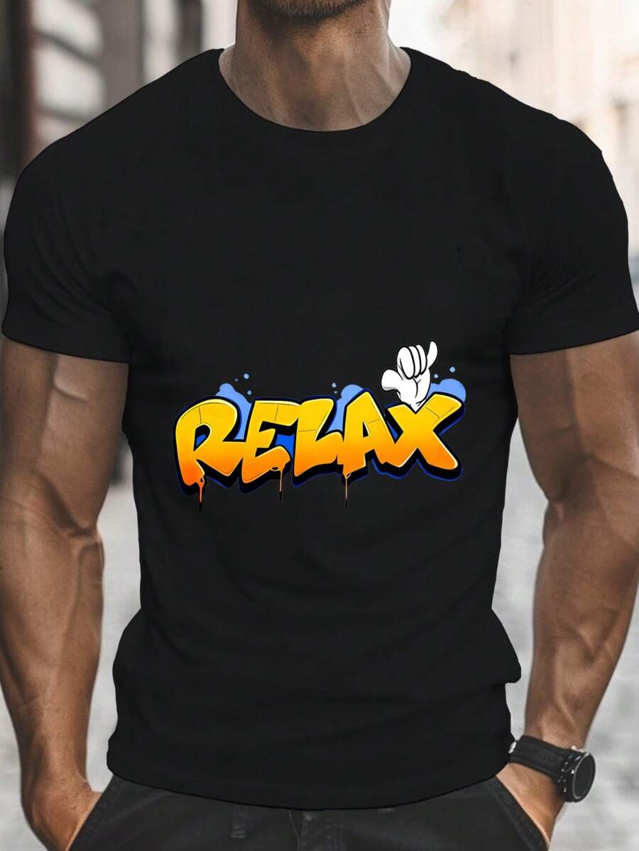 Relax In The Digital Print Hand Short Sleeve Unisex Pure Cotton Loose And Comfortable - 黑色 - 查看 1