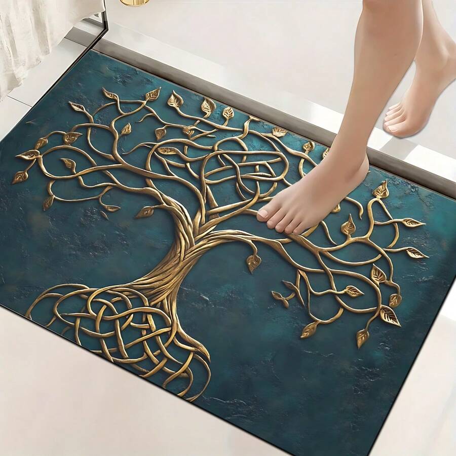 1 件装生命树图案印花硅胶地毯，易于清洁，3D 打印长方形，适用于玄关、客厅、厨房、卧室、走廊、浴室、洗衣房 - 涤纶地毯，适合室内外家居装饰 - 彩色 - 查看 1