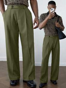 Men's Casual Loose Fit Straight Leg Wide Leg Pants With Pockets Zipper Button Design Long Pants Formal Occasion Comfortable Style Men's Suit Pants - Green - View 2