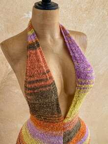 - Mono de punto con cuello halter sexy y escote en V profundo con efecto tie-dye para mujer - Naranja - Ver 6