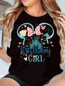 Minnie Mouse Birthday Girl Cupcake Castle Print Disney Women T Shirt Round Neck Short Sleeve Casual Party Celebration Birthday Gift Soft Comfortable 220g - màu đen - Xem 1