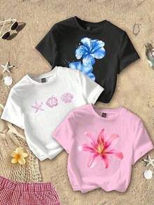 3-Piece New Fashion Styles Casual Cotton T-Shirt For Women. Sporty And Suitable For Spring, Summer, Autumn, And Winter Wear. Women's Short-Sleeved, Round-Neck, Fitted, And Cropped T-Shirts With A Minimalist Tropical Print, Perfect For Relaxed Vacations And Featuring Hibiscus, Frangipani, Starfish, And Pearl Shell. Suitable For Summer. - 黑色 - 查看 8