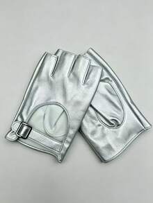 1 Pair Women's Adjustable Width Silver Metal Buckle Half Finger Motorcycle Leather Gloves - Silver - View 3