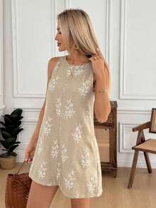 LUNE Vestido mini casual de mujer con cuello redondo y patrón de bordado floral para fiesta - Blanco y Negro - Ver 10