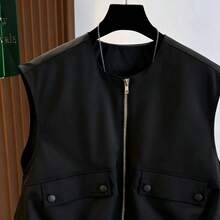 Chaleco corto sin mangas para mujer, con dobladillo de burbuja de unicolor fresco de otoño, cuello redondo con cremallera, de moda y versátil, ajustado para vacaciones de verano - Negro - Ver 4