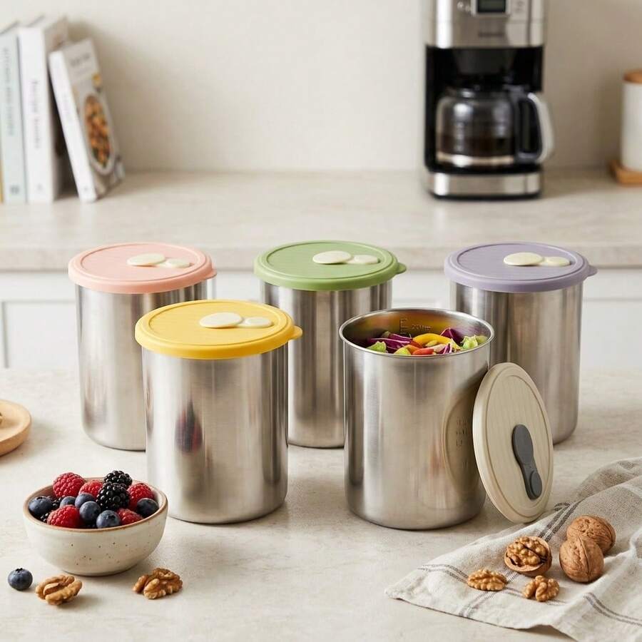 304 Stainless Steel Food Container, Stackable Refrigerator Sealed Fresh-Keeping Box, Fruit And Vegetable Meat Storage Box With Lid, Large Capacity Food Preservation Box, Suitable For Kitchen Food Storage And Organization - Multicolor - View 1