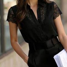 Fashion Women's Clothing  Blusa elegante de mujer con parches de encaje y manga corta abotonada - Negro01 - Ver 5
