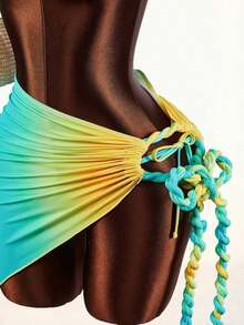 Conjunto de traje de baño de 3 piezas con detalles de lino para mujer, que incluye bikini y cubre con lino, adecuado para vacaciones en la playa y uso diario, sexy, lindo, elegante, nueva llegada - Multicolor - Ver 3