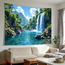 1 buah Banner Latar Belakang Pesta Bertema Sungai Air Terjun Hutan Tropis, Terbuat dari Poliester dengan Pohon Palem, Bukit Hijau, dan Elemen Bunga, Cocok untuk Ulang Tahun, Pernikahan, Fotografi, dan Acara Lainnya - A - View 8