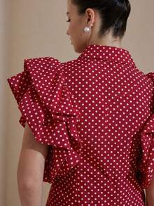 Aveloria Revavyn Blusa elegante de cuello alto con estampado de lunares retro francés, manga de pétalo, moda elegante y de alta gama para mujeres - Rojo - Ver 2