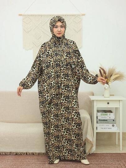 Đầm cầu nguyện họa tiết da báo thanh lịch, đầm dài vải dệt, tay áo phồng, trang trí đính kết