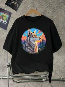 T-shirt da uomo con stampa lupo, casual, streetwear, cotone di alta qualità, vestibilità comoda, stile hip-hop, traspirante, nuovo arrivo. - nero - Visualizzare 2