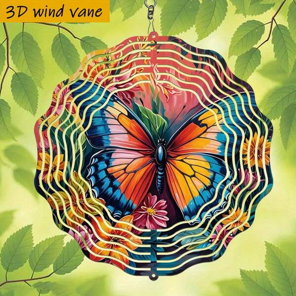 1个3D立体“彩色蝴蝶栖息于花丛中”风铃，尺寸10英寸*10英寸，带360°旋转挂钩，耐用金属材质，圣诞礼物风铃装饰（不含吊坠），款式随机。
