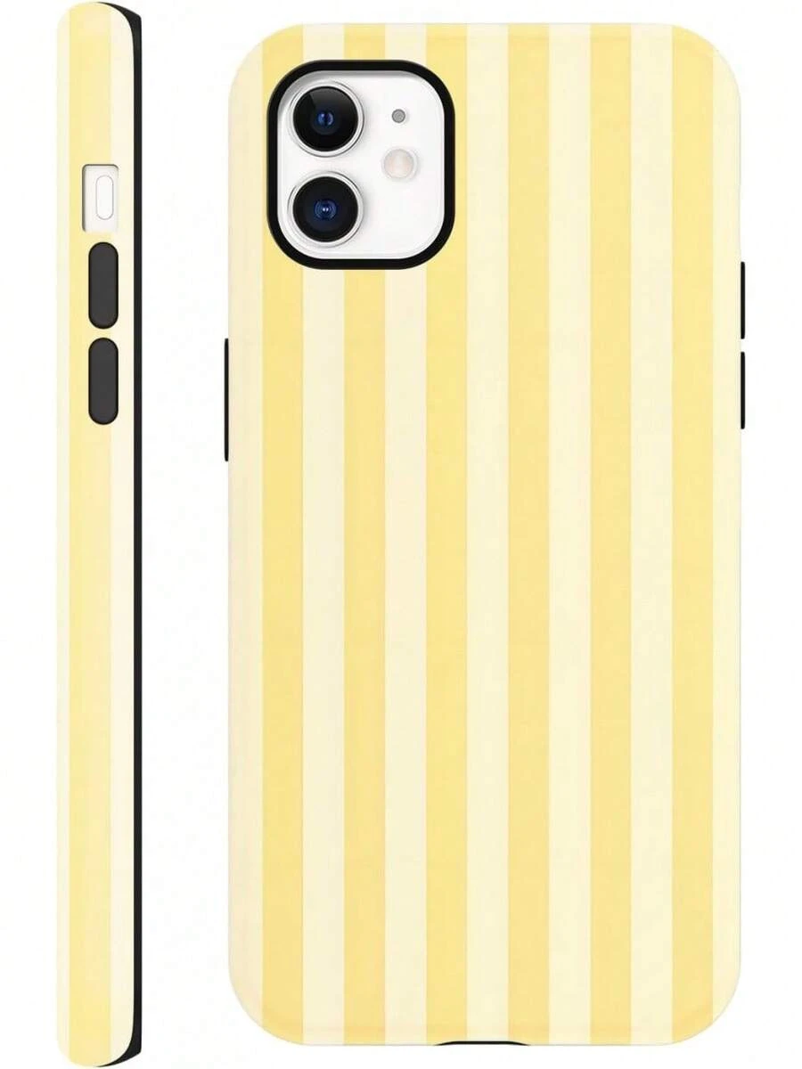 Sommerliche gestreifte Handyhülle für das iPhone15 ,, mit einem schönen sommerlichen gelb gestreiften Design, geeignet für Mädchen, Schutzhülle, doppelschichtige stoßfeste bunte Silikon-TPU-Handyhülle. - Weiß 6 - Übersicht 1