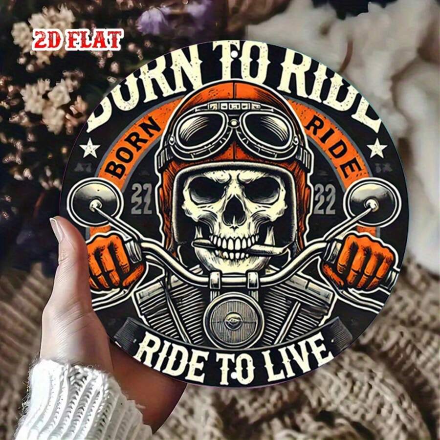 2D Flat - A Round Metal Sign, Motorcycle Lifestyle Theme, Designed For Wall Decor. This Rustic Style Metal Artwork Features A Skull Rider Image, Perfect For Enhancing The Atmosphere Of Your Home, Garage, Or Restaurant.