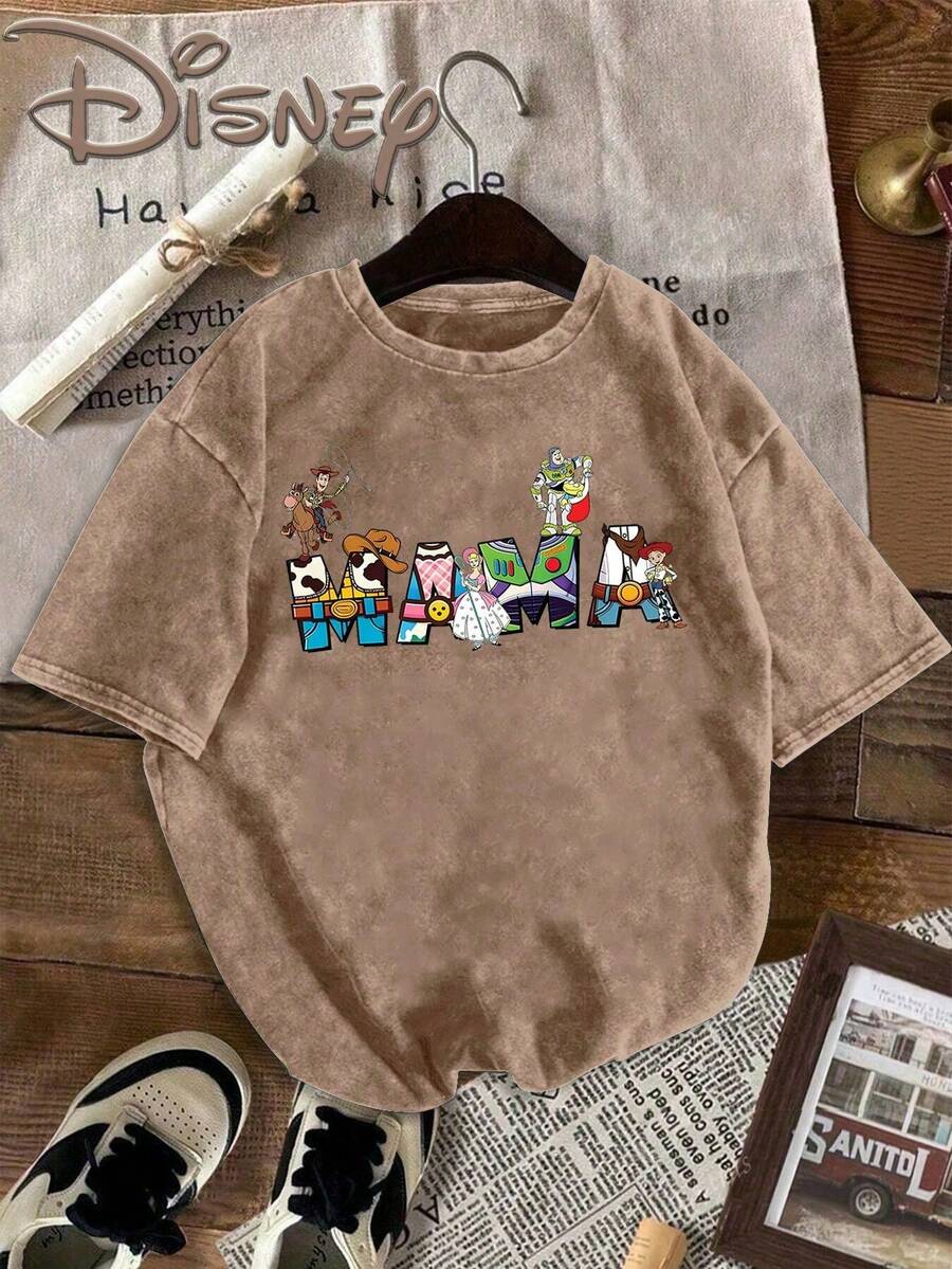 Official Disney Licensed | Toy Story "MAMA" Letter Character Print 230G Combed Washed Cotton T-Shirt -- Childlike Healing & Vintage American Style, Soft & Breathable Fabric, Crew Neck Design, Ideal For Parent-Child Wear & Daily Casual Outfits - 咖啡棕 - 查看 1
