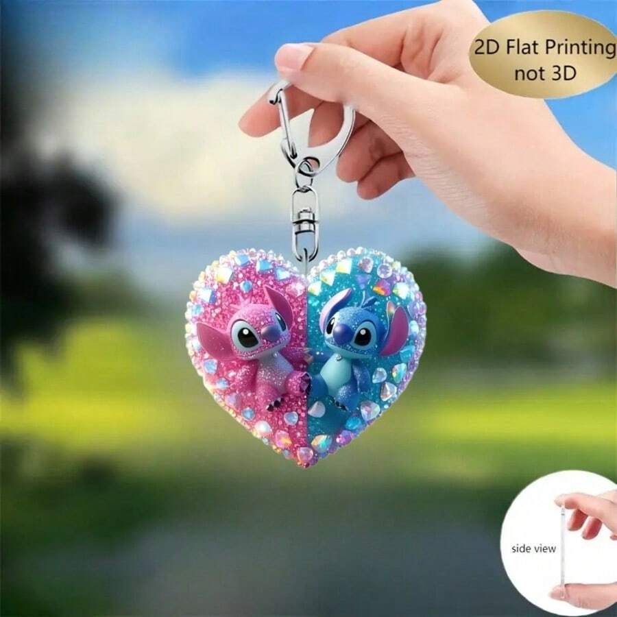 1pc Heart-Shaped Rhinestone Stitch & Angel 2D Acrylic Keychain, Lilo & Stitch Cartoon Couple Pendant Key Ring, Shiny Crystal Bag Charm, Valentine's Day Birthday Gift, Suitable For Teenage Girls, Women's Car Backpack Handbag Accessory, Cute Keychain, Women's Keychain, Key Chain, Keychain Pendant, Women's Car Accessory, Back To School - Multicolor - View 1