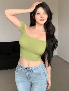 Designer Camiseta ajustado verde de hombros caídos para mujer, top corto para mujer, top de hombros descubiertos - Verde - Ver 2