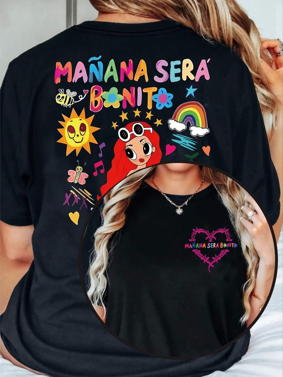 Camiseta estampada 'Manana Sera Bonito', cuello redondo y manga corta para verano y primavera, Ropa de mujer - Negro - Ver 1
