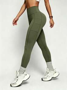 Pantalones de yoga de cintura alta con doble bolsillo, levantamiento y adelgazamiento, mallas de fitness, pantalones ajustados para exteriores, deportes de primavera - Verde militar - Ver 3