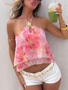 Débardeur à fines bretelles sexy pour femmes, col avec boucle métallique, panneau avant ajouré, ourlet superposé. Gilet de soirée, printemps/été - Rose bonbon - Voir 4