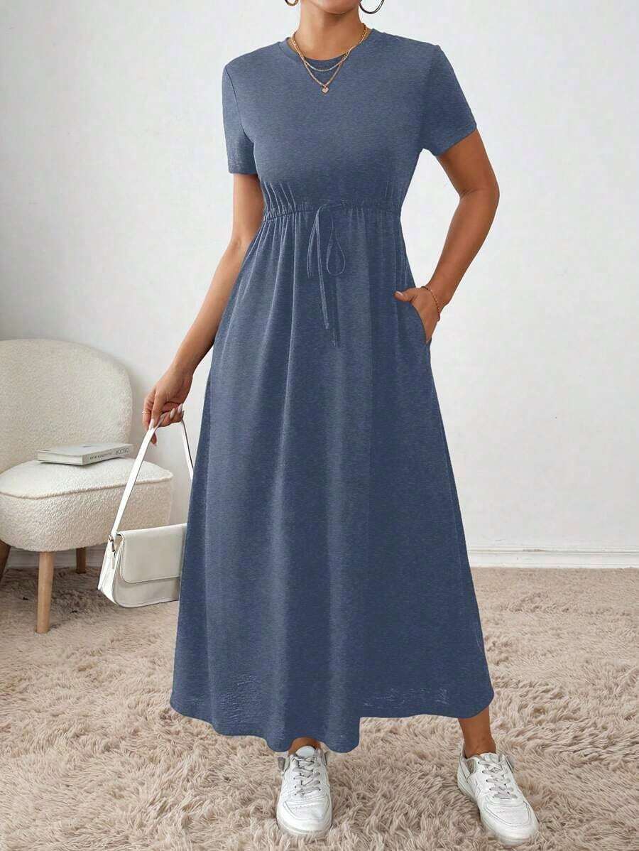 Vestido midi con cordón en la cintura, bolsillo lateral, ropa de regreso a la escuela, ropa de mujer para otoño, atuendos de maestra, vestido de despedida de soltera, vestidos casuales de mujer, vestidos midi de mujer, vestidos de trabajo de mujer, vestidos de otoño para mujer, vestidos maxi de mujer, disfraz de Halloween, vestido casual de negocios, vestidos de verano para mujer - Azul marino - Ver 1