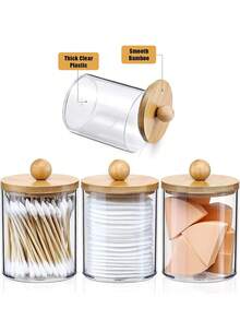 1/2/4 buah Stoples Penyimpanan Kosmetik Bening dengan Tutup Bambu, Organizer Kamar Mandi Plastik PS untuk Kapas, Cotton Bud, Spons Rias, Pisau Cukur, Aksesoris Rambut, Perhiasan & Barang Kecil, Berbagai Pilihan Paket - beraneka warna - View 4