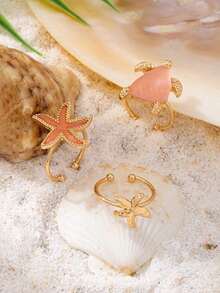 Set Of 3 Summer Beach Rings With Starfish, Shell And Scallop, Women's Jewelry Accessories For Vacation And Travel, Gift - 多色 5 - 查看 2