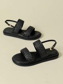 女款綁帶扣環涼鞋，低跟厚底，清新波希米亞風復古露趾平底舒適孕婦鞋，夏季新款楔形低跟防滑平底鞋，時尚戶外沙灘輕量奢華小眾設計百搭顯腿長後綁帶鏤空鞋，2026夏季春秋冬黑色透氣清新優雅休閒運動金屬勾扣綁帶編織羅馬鞋，33小號、34小號、42大號、41-43大尺碼女鞋 - 黑色 - 查看 3