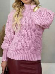 Women's Knit Blouse With High Neck, Braided Detail, And Puff Sleeves For Winter - 淺粉紅色 - 查看 2