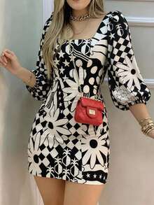 Vestido de longitud hasta la rodilla de tela tejida con estampado de flores y geométrico, adecuado para uso diario casual en verano, vacaciones, primavera, elegante - Negro - Ver 3