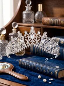 1pc Elegant Crystal Bridal Crown, Silver Rhinestone Princess Hair Accessory For Wedding, Prom, Birthday Party - Silver - View 3