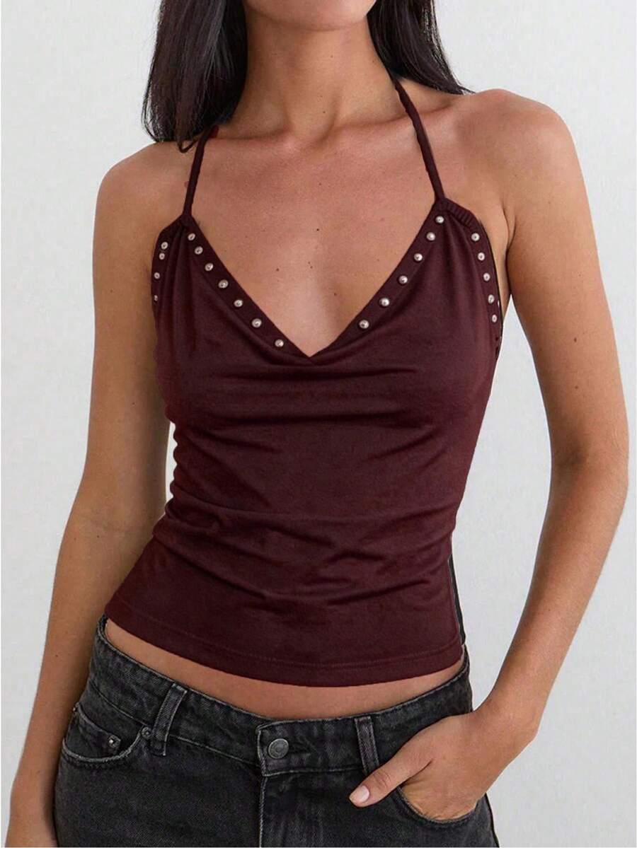 Womens Rivets Studded Halter Neck Plunge Cami Top Self-Tie Spaghetti Straps V-Neck Cut Out Front Crop Tank Top Camisole Vest Y2K Streetwear Party Tops - F214542-棕色 - 查看 1