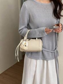 Nueva bolsa de tote de unicolor con colgante, bolso de mano minimalista y versátil, estilo universitario elegante cilíndrico europeo y americano, adecuado para ir al trabajo, compras, viajes, fiestas y la escuela para mujeres - Multicolor - Ver 8
