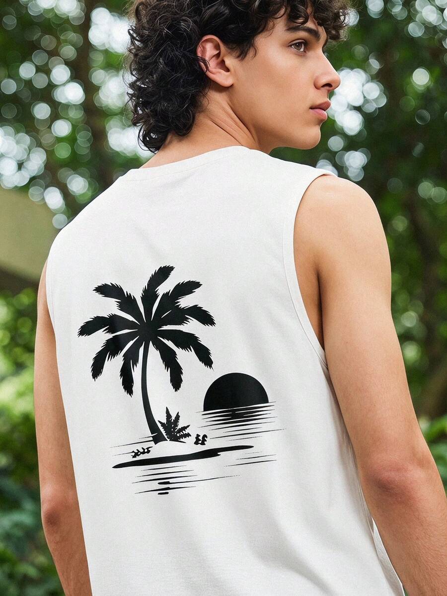 Open Phase 1 chiếc áo tank top nam cổ tròn in hình cây dừa và mặt trời, kiểu dáng thường ngày, thích hợp cho mùa hè. - trắng - Xem 1
