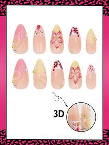 24pcs Almond Color Press-On Nails, Summer Pink 3D Flower Shell Texture With Gold Bead Decor And Polka Dot Gradient French Pointed Nails, Suitable For Artificial Nail Set, Ideal For Women And Girls For Spring Daily Work, Study And Party Use - Multicolor - View 3