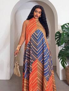 Veslaya Vestido largo de cuello alto sin mangas con estampado africano en línea A para mujer de talla, adecuado para festivales deúsica, Pascua, fiestas de cumpleaños, temporada de graduación, estilo universitario, uso diario casual, vacaciones, cruceros, playa, tomar el sol, virales, estilo callejero, invitada de boda bohemia, ir al trabajo, brunch, aeropuerto, fiestas, salidas festivas, banquetes elegantes, bailes, uso casual, clubes nocturnos de lujo - Multicolor - Ver 6