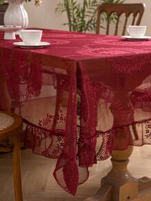 1pc French Elegant Floral Lace Trim Tablecloth, Countryside Fresh Decor - Burgundy - View 8