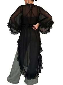 Kimono de gasa transparente con volantes para mujer, cobertura de manga larga con dobladillo asimétrico - Negro - Ver 7